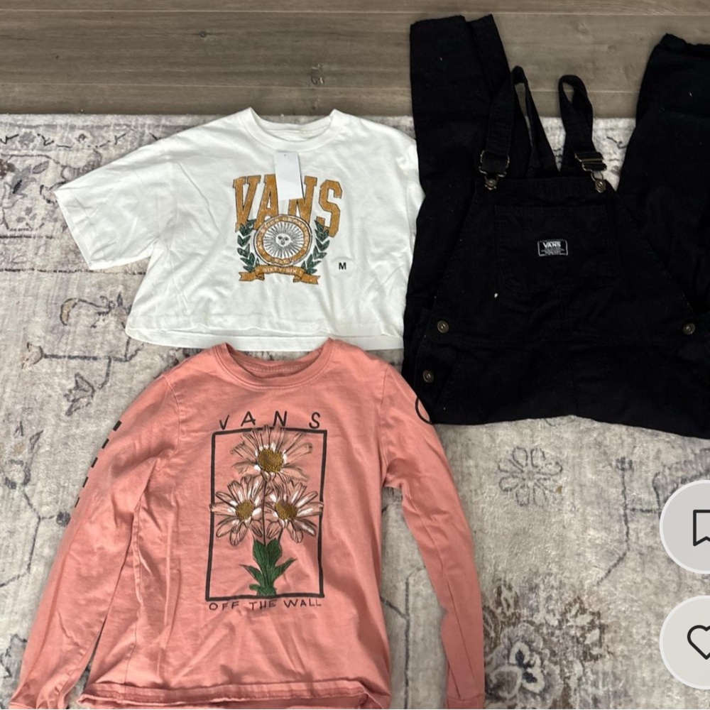 Vans White Crop Top, Pink Floral Sweatshirt, and Black Overalls